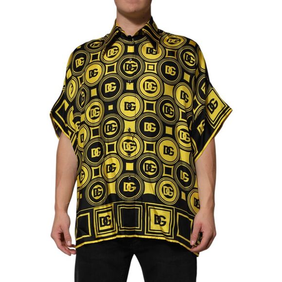 Dolce & Gabbana Yellow Silk Silver DG Logo Geometric Men's T-shirt (Pre-Owned)